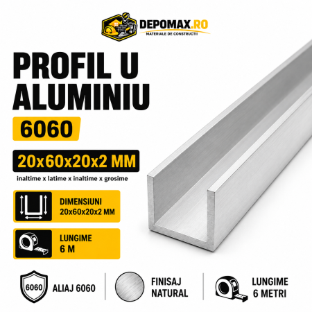 Profil U aluminiu 20 x 60 x 20 x 2 mm, 6 metri